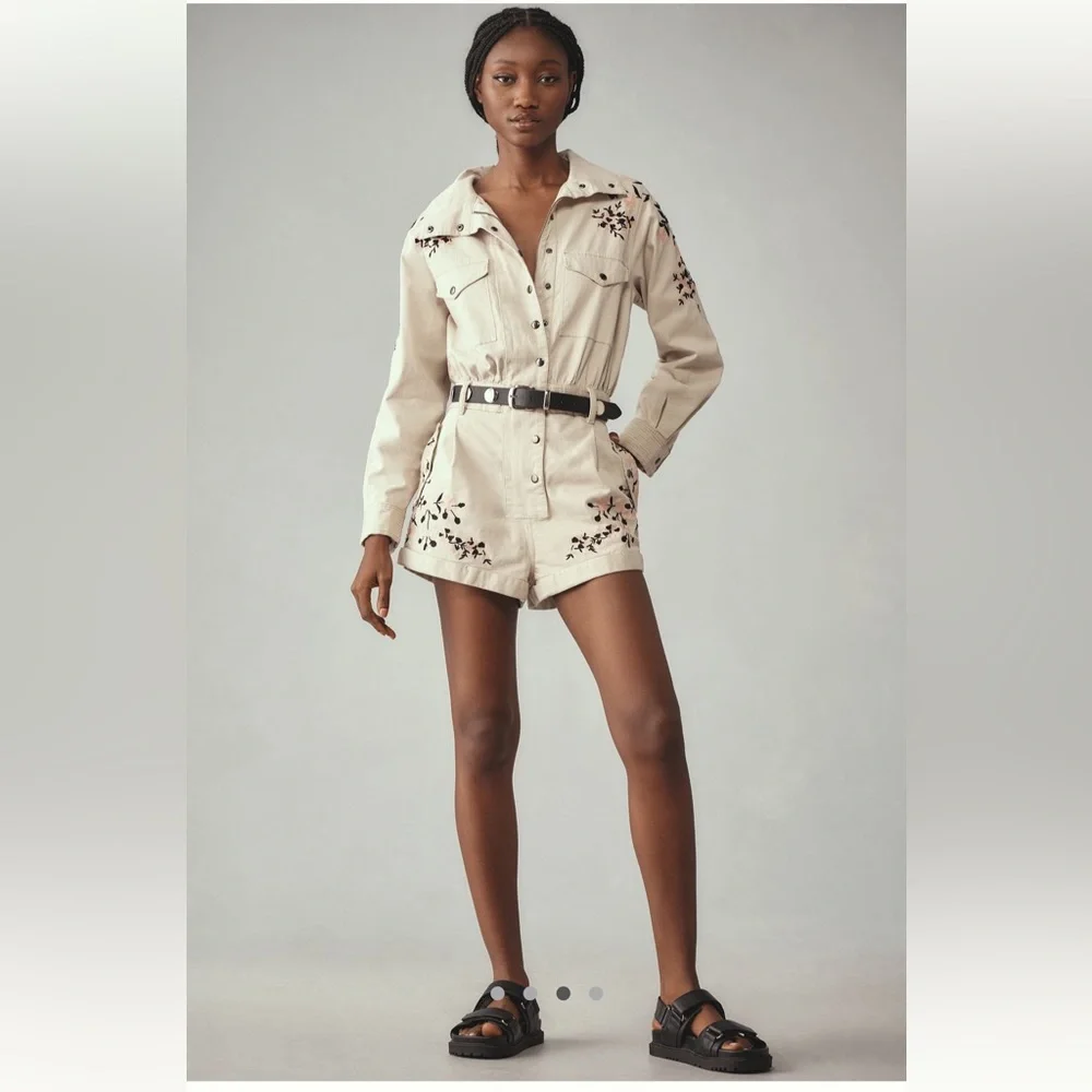 Embroidered Beige Utility Romper